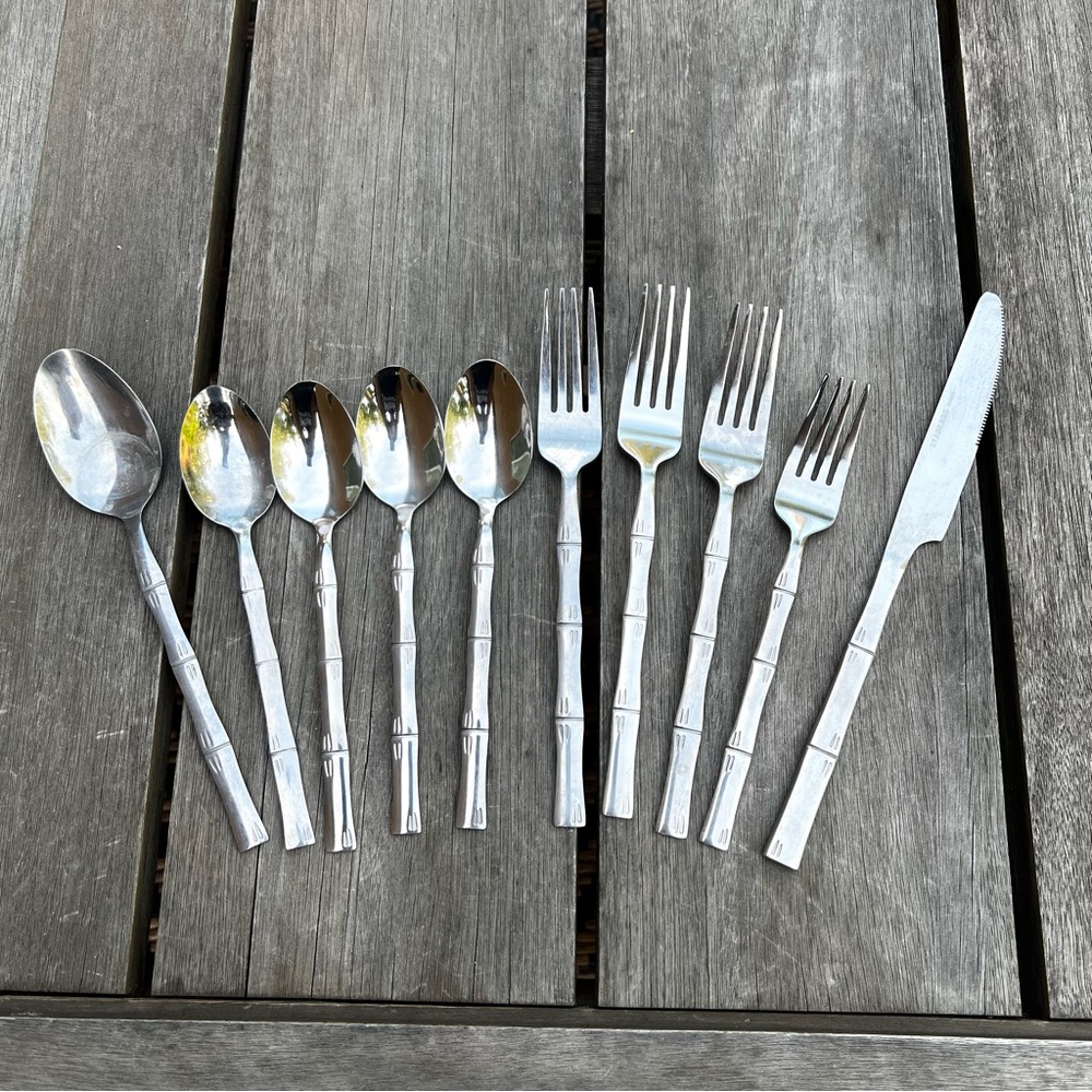 Stainless China Bamboo Handle Silverware Set Spoons Forks Butter Knife Flatware